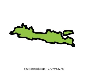 Uma silhueta verde da ilha de Java, Indonésia, é delineada em preto sobre um fundo branco.