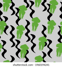Green silhouette of jellyfish with black vertical waves seamless pattern, bright silhouettes of underwater animals on a gray background vector illustration