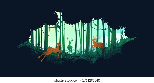 Green silhouette jungle tropical rain forest and deer wildlife in nature landscape background.