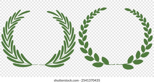 Green silhouette laurel foliate, olive wreaths. Vector illustration for your frame, border, ornament design, wreaths depicting an award, achievement, heraldry, emblem, logo.