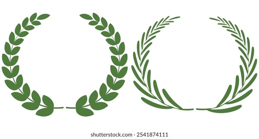 Green silhouette laurel foliate, olive wreaths. Vector illustration for your frame, border, ornament design, wreaths depicting an award, achievement, heraldry, emblem, logo.