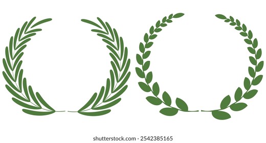 Green silhouette laurel foliate, olive wreaths. Vector illustration for your frame, border, ornament design, wreaths depicting an award, achievement, heraldry, emblem, logo.