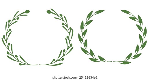 Green silhouette laurel foliate, olive wreaths. Vector illustration for your frame, border, ornament design, wreaths depicting an award, achievement, heraldry, emblem, logo.