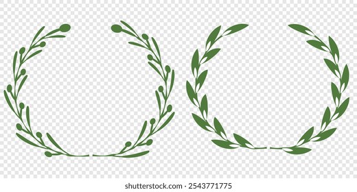 Green silhouette laurel foliate, olive wreaths. Vector illustration for your frame, border, ornament design, wreaths depicting an award, achievement, heraldry, emblem, logo.