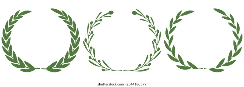 Green silhouette laurel foliate, olive wreaths. Vector illustration for your frame, border, ornament design, wreaths depicting an award, achievement, heraldry, emblem, logo.