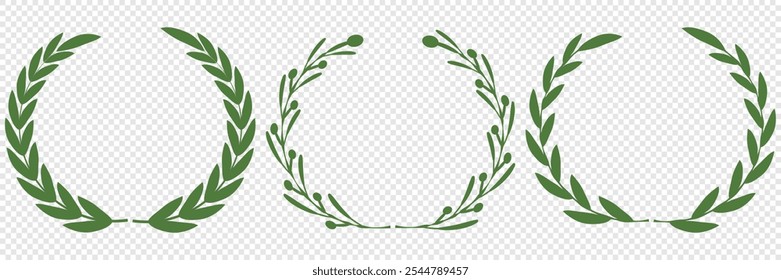 Green silhouette laurel foliate, olive wreaths. Vector illustration for your frame, border, ornament design, wreaths depicting an award, achievement, heraldry, emblem, logo.