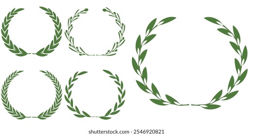 Green silhouette laurel foliate, olive wreaths. Vector illustration for your frame, border, ornament design, wreaths depicting an award, achievement, heraldry, emblem, logo.
