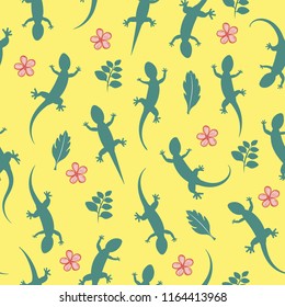 Green silhouette lizard gecko with flowers. Seamless pattern background. Vector illustration isolated on yellow background.