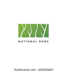 Green silhouette logo of park, recreation zone or botanical garden. Negative space logotype