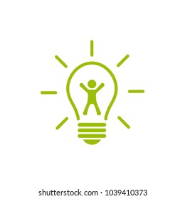 Green silhouette of man with bulb. New idea pictogram. Innovation icon. Brain storm. Isolated on white. Vector illustration. 
