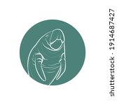 Green silhouette of the manatee in green circle. Vector illustration.