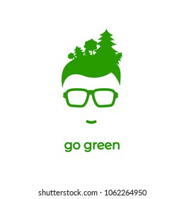 Green silhouette of man's head in hipster glasses with forest in hair isolated on white. avatar with trees and text. Ecology logo. Eco friendly. Go green concept. Vector flat illustration. Earth day