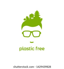 Green silhouette of man's head in hipster glasses with forest in hair and text 'plastic free. avatar with trees and text. Ecology, eco friendly. Go green concept. No plastic. Vector flat illustration.