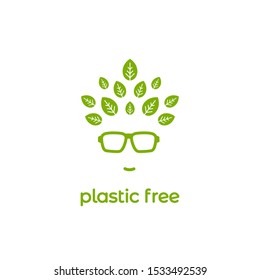 Green silhouette of man's head in hipster glasses with leaves in hair and text "plastic free". avatar with trees and text. Ecology, eco friendly. Go green concept. No plastic. Vector flat illustration