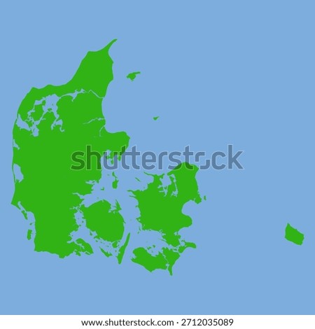 Green silhouette map of Denmark in a simple flat vector style with clear country shape and region outlines on a light background.