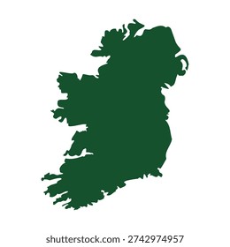 Green silhouette map of Ireland representing national identity and heritage. Flat isolated illustration suitable for Saint Patricks Day greeting, travel promotion, and cultural marketing.
