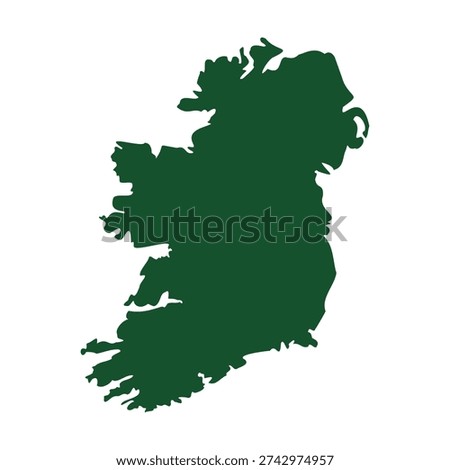 Green silhouette map of Ireland representing national identity and heritage. Flat isolated illustration suitable for Saint Patricks Day greeting, travel promotion, and cultural marketing.