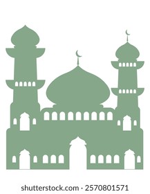  Green silhouette of a mosque with elegant domes and tall minarets, suitable for Islamic events and architectural themes.