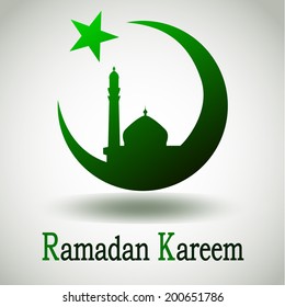 Green silhouette of Mosque or Masjid on moon with stars on abstract white background, concept for Muslim community holy month Ramadan Kareem or Ramazan Kareem.