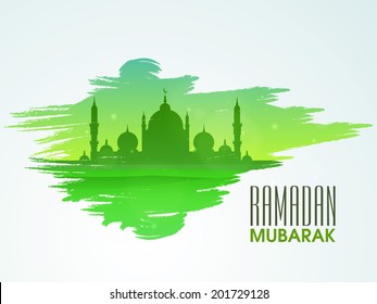 Green silhouette of mosque on green and blue background for holy month of Muslim community celebrations Ramadan Mubarak. 