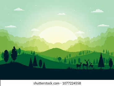 Green Silhouette Nature Landscape With Forest And Mountains Abstract Background.Vector Illustration.