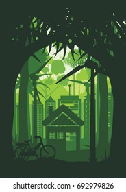Green silhouette nature landscape and forest abstract background.Green eco city and environment conservation concept flat design.Vector illustration.