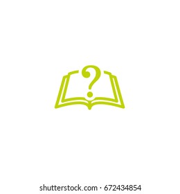 Green silhouette of open book with green question mark flying out. Isolated on white background. Flat vector reading icon. Unknown book pictogram. Ask symbol. Curiosity logo.
