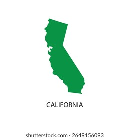 um esboço de silhueta verde do estado da Califórnia sobre um fundo branco plano. Ele ilustra perfeitamente a forma geográfica desse proeminente estado americano da Costa Oeste.