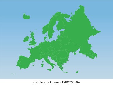 
Green silhouette of physical Europe with boundaries between countries on blue sky