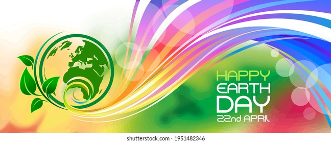 Green silhouette of the planet earth with colorful ribbons with blurry background	