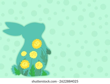 Green silhouette of a rabbit with a floral pattern on a polka dot background, vector image with space for text	