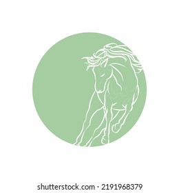 Green silhouette of running horse in green circle. Vector illustration.
