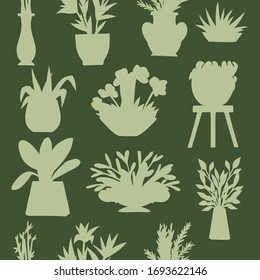 Green silhouette seamless pattern home decorative and outdoor garden plants in pots set plants flat vector illustration on green background