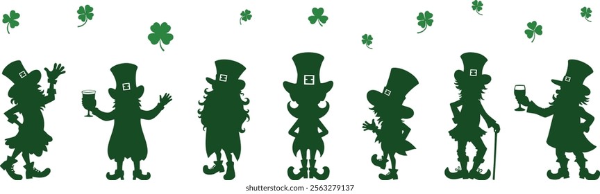 Green silhouette St. Patrick's Day illustration with leprechauns and clovers