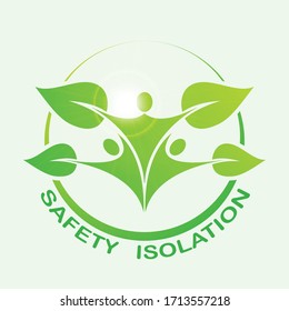 Green silhouette of three people with leaves. Social distancing and self isolation virus pandemic prevention
