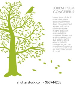 Green silhouette of tree with bird on brunch on white background. Template design