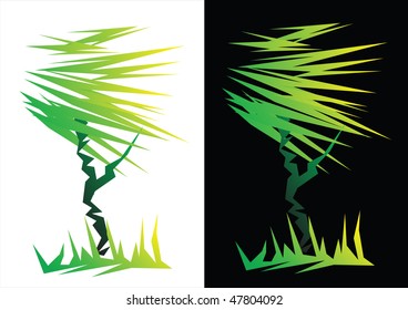 Green silhouette of a tree on a white and black background