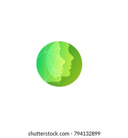 Green silhouette two human face vector round logo template for natural cosmetics, beauty salons for facial skin care and face plastic surgery.