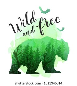 Green silhouette of a wild bear, tree and calligraphy. Wild life in nature. Vector illustration with green watercolor texture.