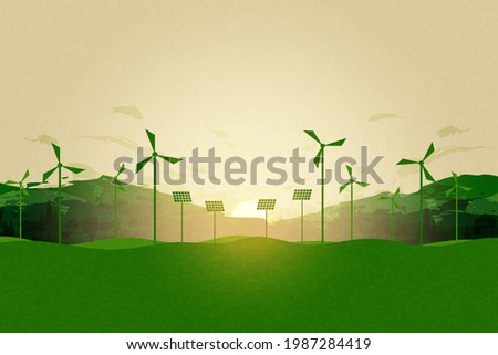 Green silhouette wind turbine on nature landscape background.Ecology and Environment Concept.Flat vector illustration.