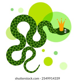 Una silueta verde de una serpiente decorativa retorcida con escamas y corona en estilo plano sobre un fondo blanco. Postal y cartel del Nuevo año chino. Vector 
ilustración