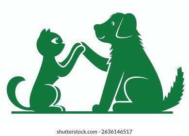 Green silhouetted cat and dog high fiving symbolizing friendship and pet companionship