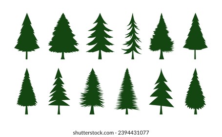 Siluetas verdes de árboles de Navidad. Elementos decorativos de Año Nuevo de la naturaleza y el bosque. Pino, abeto, abeto de ilustración negra. Fijar la silueta simple y a mano del árbol de Navidad para las vacaciones de invierno.