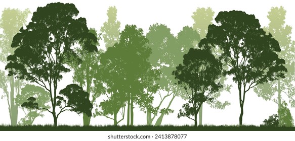 Green Silhouettes of various trees a against a white background depicting a serene forest scene.