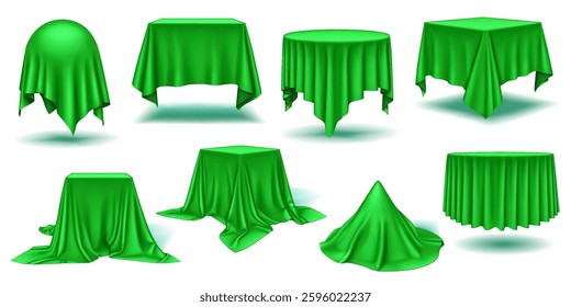 Green silk drapes over tables realistic color icons set. Hinting at hidden objects and sense of anticipation 3d design bundle on white