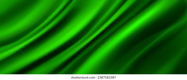 Fondo de tela de seda verde con efecto de ondas líquidas de flujo. Ilustración vectorial realista de la textura del tejido satinado con pliegues y arrugas. Superficie de material textil de drenaje de regalías finas y blandas.