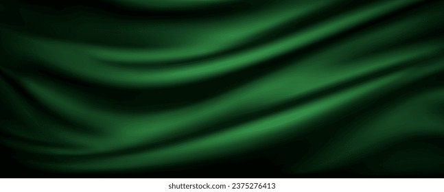 Green silk fabric luxury background. Wavy abstract satin cloth vector texture background. Smooth shiny silk