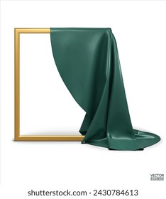 Green Silk fabric unveiling a golden empty frame isolated on white background. Green satin covered objects. 3d vector illustration.