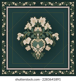 Green silk neck scarf with a flowers and golden frame. Vector design for a neckerchief, carpet, kerchief, bandanna, shawl, tablecloth. Traditional ethnic pattern.