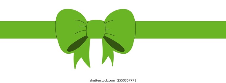 Green silk ribbon with tied bow placed horizontally. Christmas or birthday gift decoration isolated on white background.